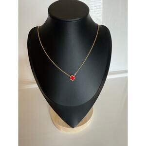 Genuine Red Carnelian Clover Necklace – New – 14K Gold-Plated over 925 – 16–18″